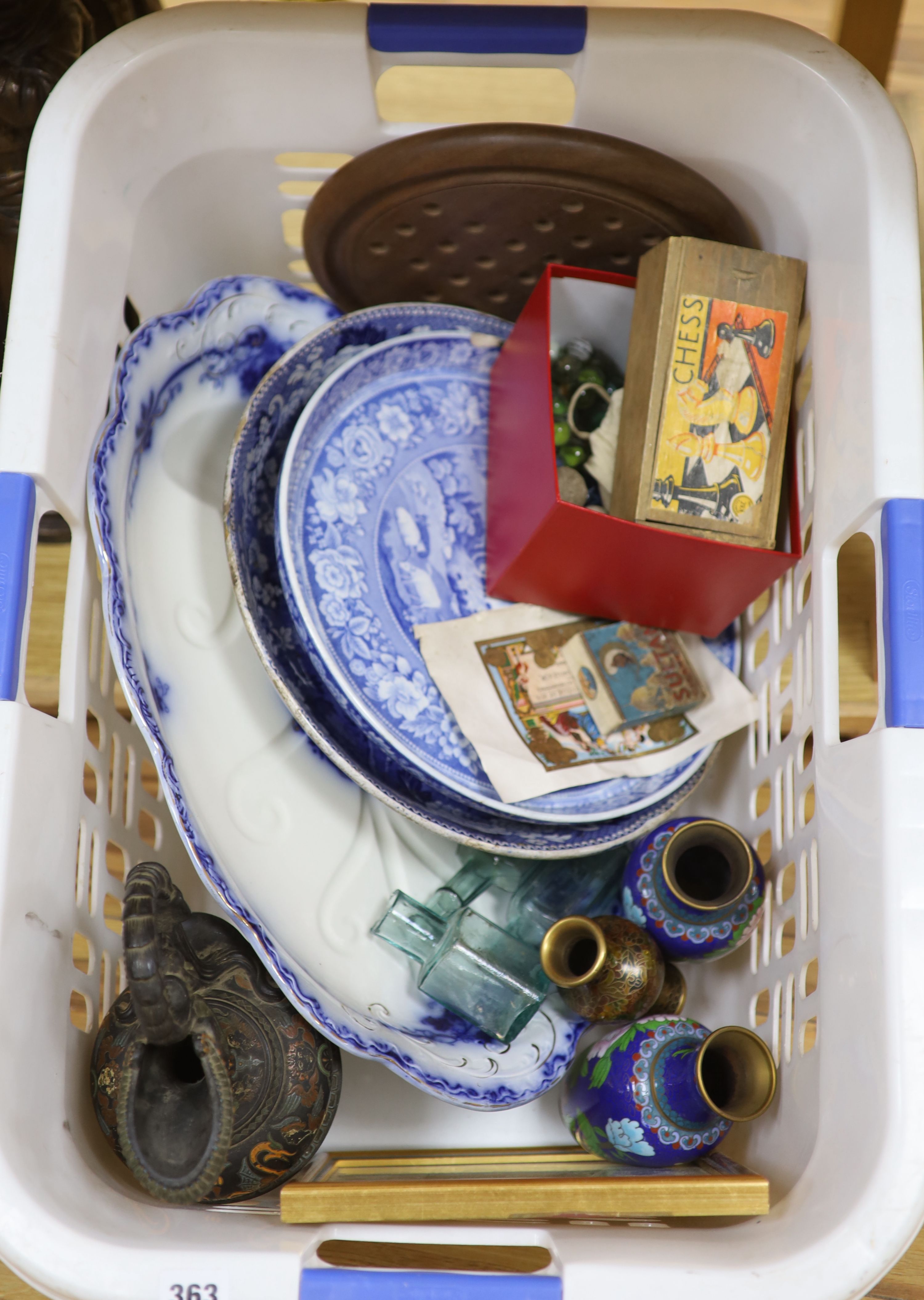 A quantity of mixed ceramics and collectables including a solitaire boards, marbles, blue and white cloisonne etc.